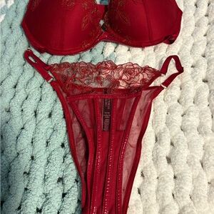 Victoria's Secret Red Lace Balconette Bra 32C and Sheer Thong Panty Small set